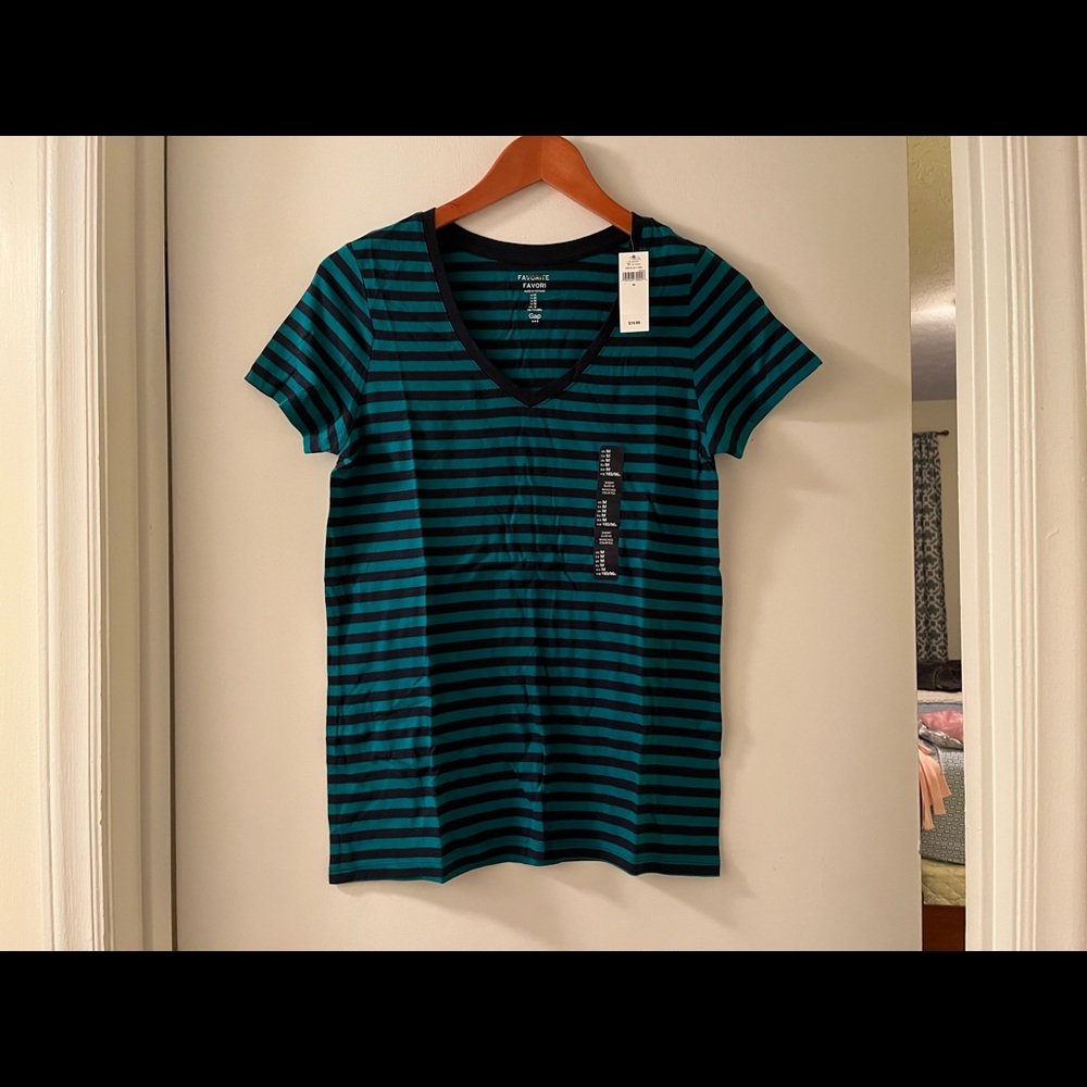 NWT GAP Sz M teal and navy stripe v-neck